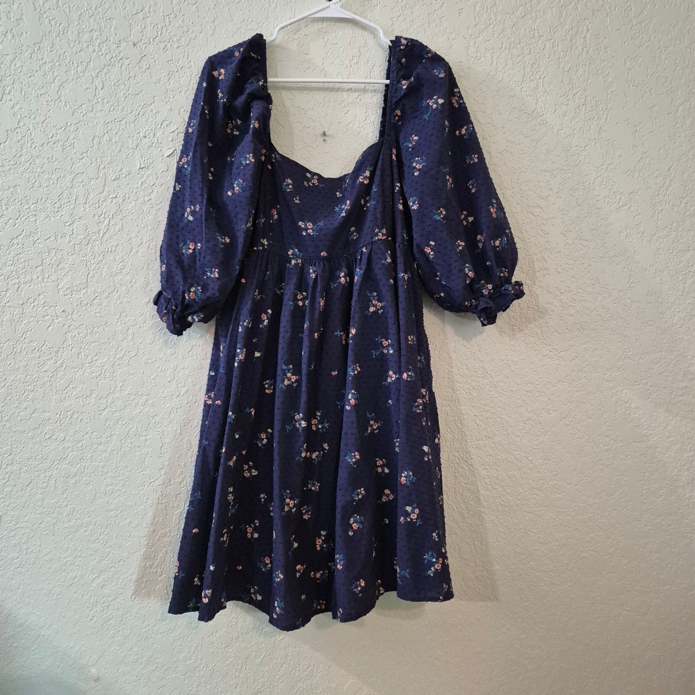 Altar'd State Floral Swiss Dot Puff Sleeve Mini Dress XXL Navy Cottagecore